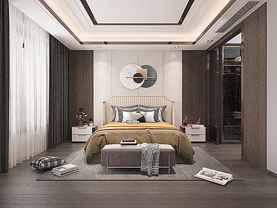 3d卧室衣帽间墙饰双人床模型