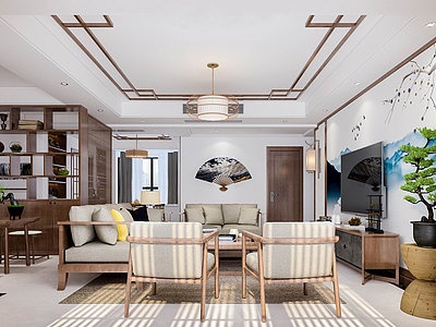 3d日式客厅组合沙发屏风模型