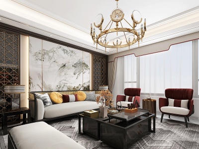 3d新中式客厅书房沙发茶几模型