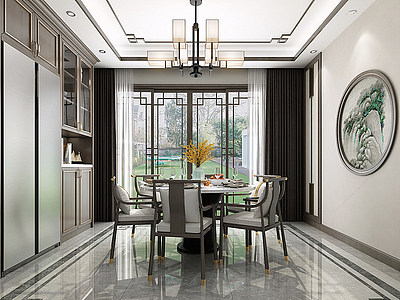 新中式别墅餐厅餐桌椅模型3d模型