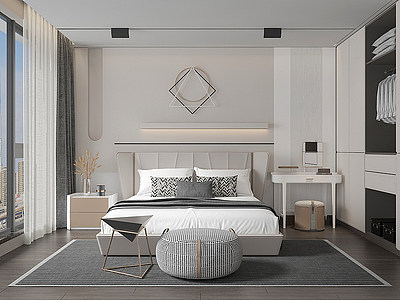 3d卧室墙饰双人床模型