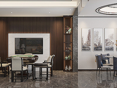 3d新中式客厅餐厅麻将室模型