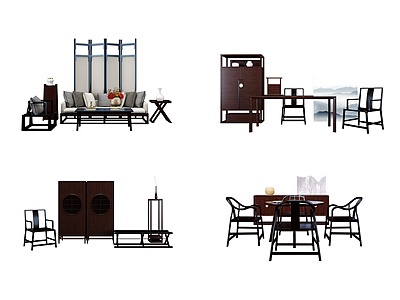 3d新中式沙发新中式餐桌椅模型