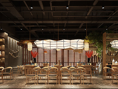 新中式酒店餐厅模型
