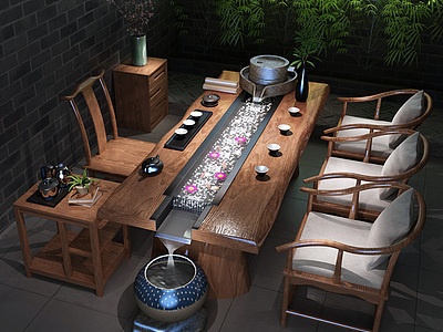 3d新中式实木泡茶桌椅组合模型