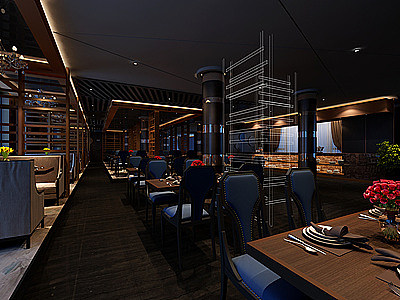 3d新中式酒店餐厅大厅模型