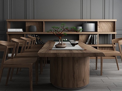 3d新中式实木茶桌椅边柜组合模型