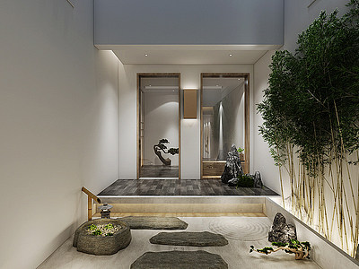 3d新中式玄关庭院走廊模型