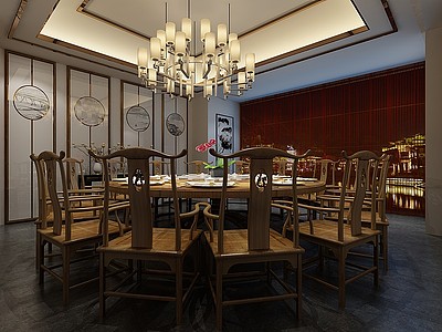 3d新中式餐厅包厢餐桌椅模型