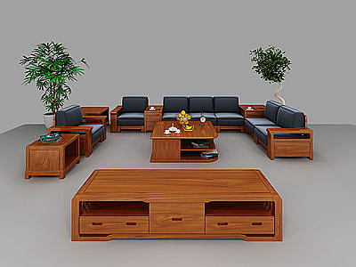 新中式实木沙发模型