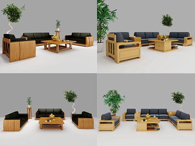 现代实木沙发茶几组合模型