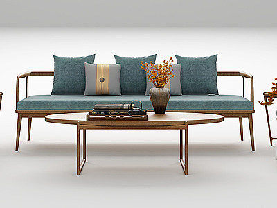 3d新中式实木布艺沙发组合模型