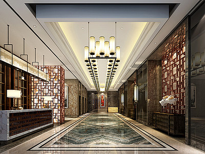 新中式酒店门厅接待前台模型3d模型