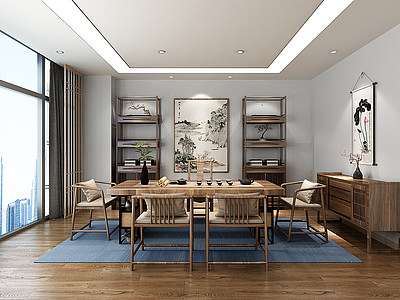 3d新中式茶室茶桌椅边柜模型