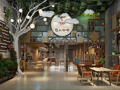 3d工业风咖啡店吊灯绿植模型