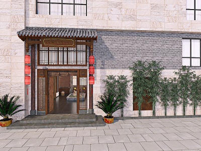 3d新中式餐厅门头门面模型
