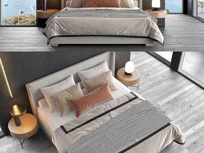 3d双人床床具组合模型