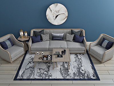 3d新中式客厅沙发茶几装饰画模型