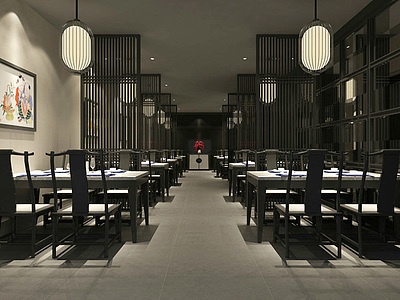 3d新中式酒店餐厅模型