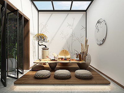 3d新中式茶室挂画桌椅模型