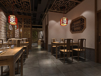 3d新中式餐厅餐桌卡座模型
