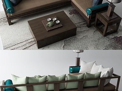3d新中式转角沙发实木沙发模型