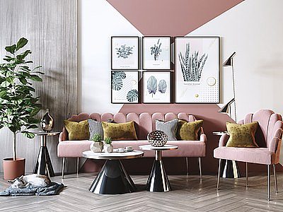 3d网红粉色客厅沙发茶几模型