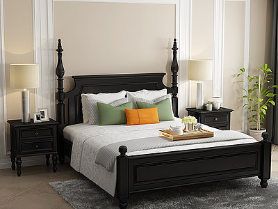 3d美式黑色实木床床头柜模型