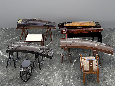 3d新中式娱乐空间古琴古筝模型