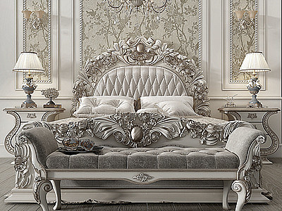 3d法式古典雕花双人床模型