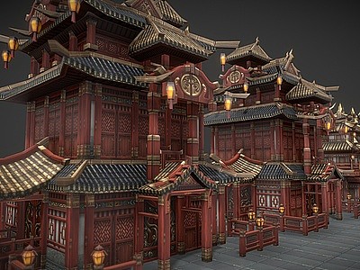 3d中式中古寺庙建筑模型