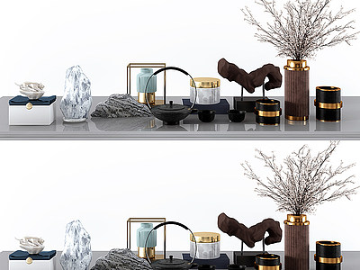 3d新中式茶具花瓶雕塑饰品模型