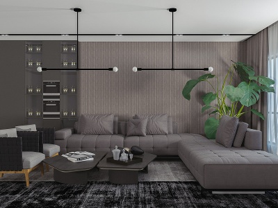 3d现代客厅多人沙发转角沙发模型