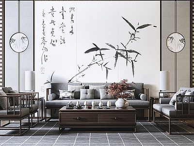 3d新中式客厅沙发茶几组合模型