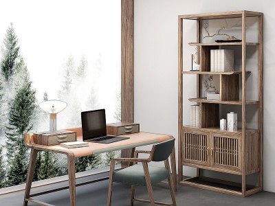 3d新中式实木书桌椅书柜书架模型