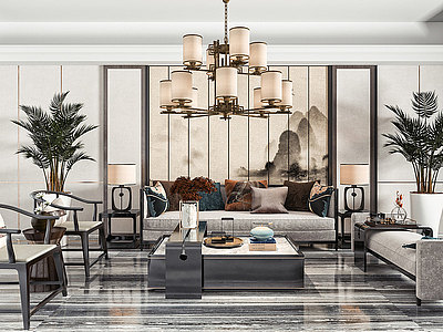 3d新中式客厅双人沙发吊灯模型