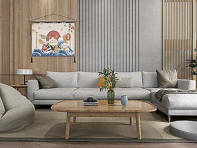 日式客厅沙发茶几组合盆模型