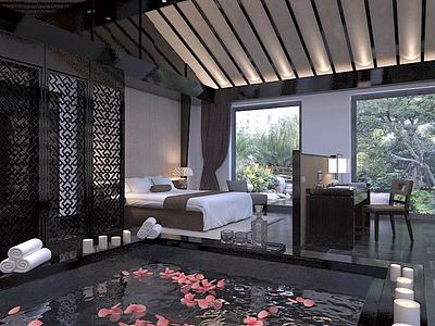 中式别墅卧室整体模型
