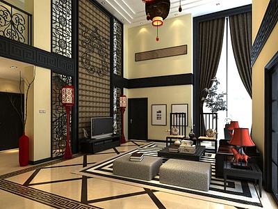 现代中式别墅客厅整体模型