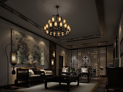 新中式夜景豪华客厅3d模型