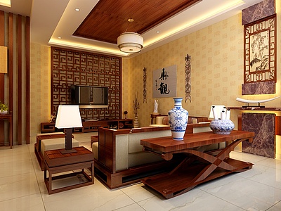 中式客厅装饰整体模型