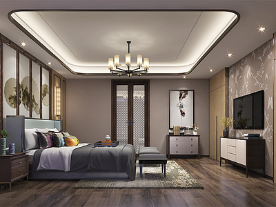 新中式别墅卧室整体模型