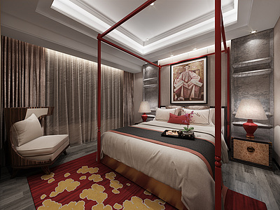 新中式卧室床具床头柜台灯整体模型