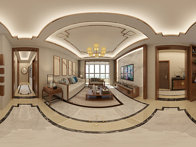 新中式客厅整体全景模型