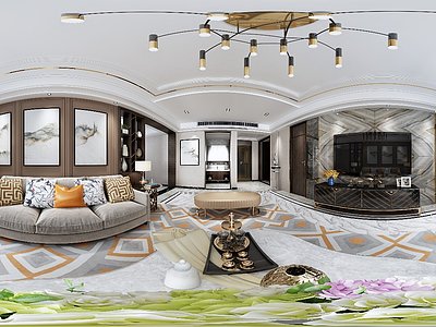 新中式奢华客厅整体全景模型