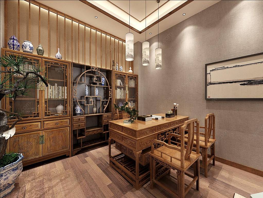 中式红木办公室工装模型原创