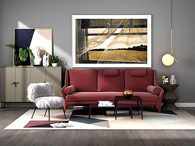 现代沙发茶几装饰柜挂画3d模型