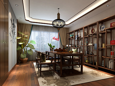 新中式茶室多宝阁吊灯茶桌整体模型