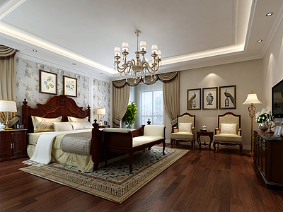 美式卧室床家具组合整体模型