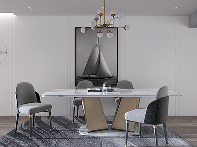 现代餐厅餐桌餐椅餐具组合整体模型